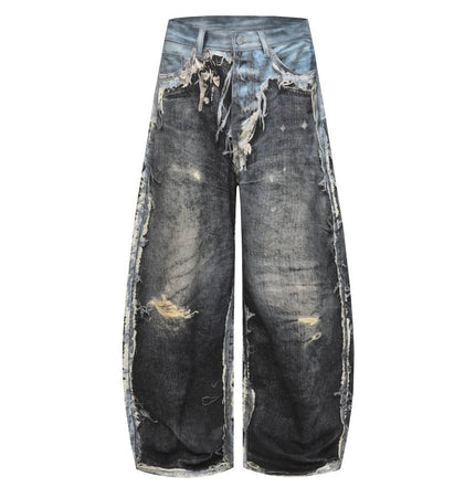 TALKLESSFASHION AC Feng Gao Street Old Jeans Heavy Work Washing Hand Destroyed Raw Edge Men and Women Vintage Scimitar Loose Pants