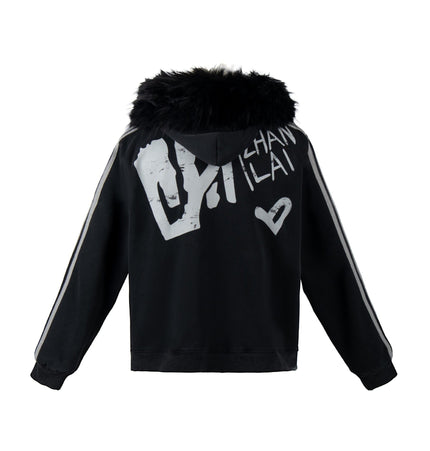 TALKLESSFASHION American fur collar detachable hooded fleece sweatshirt for women 2025 winter loose tie-dye distressed cardigan jacket for men