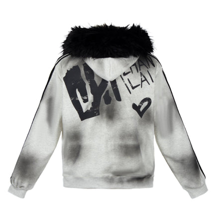 TALKLESSFASHION American fur collar detachable hooded fleece sweatshirt for women 2025 winter loose tie-dye distressed cardigan jacket for men