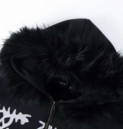 TALKLESSFASHION American fur collar detachable hooded fleece sweatshirt for women 2025 winter loose tie-dye distressed cardigan jacket for men