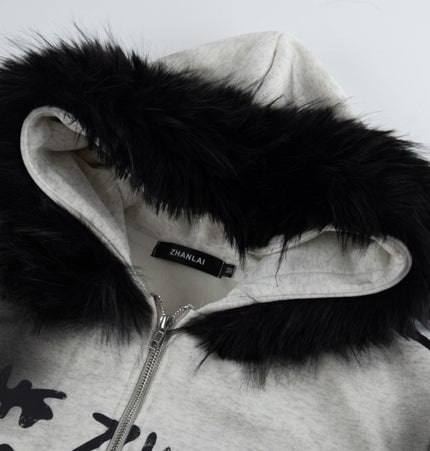 TALKLESSFASHION American fur collar detachable hooded fleece sweatshirt for women 2025 winter loose tie-dye distressed cardigan jacket for men