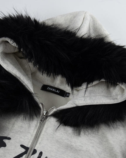 TALKLESSFASHION American fur collar detachable hooded fleece sweatshirt for women 2025 winter loose tie-dye distressed cardigan jacket for men
