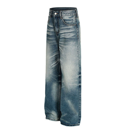 TALKLESSFASHION American high street washed cat beard jeans for men and women couples cleanfit retro straight leg slim trousers trend