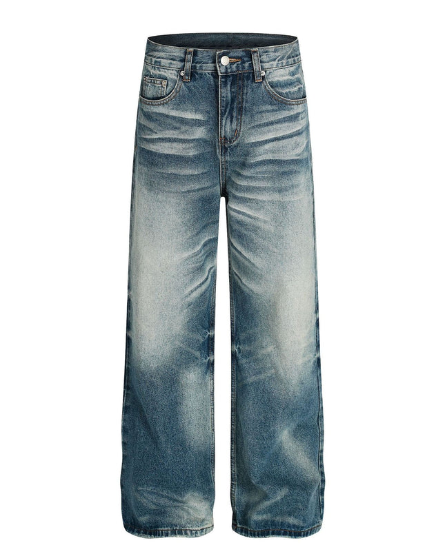 TALKLESSFASHION American high street washed cat beard jeans for men and women couples cleanfit retro straight leg slim trousers trend