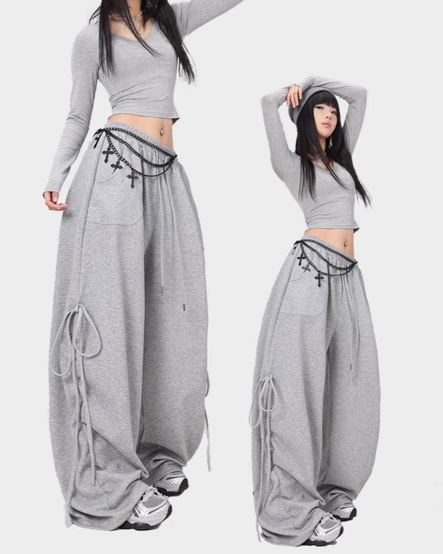 TALKLESSFASHION American lazy and loose streamer strappy gray sweatpants hot girl jazz dance hip hop loose straight scimitar pants
