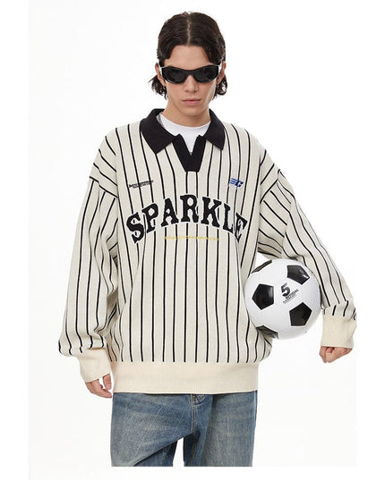 TALKLESSFASHION American retro polo collar striped sweater —-7087
