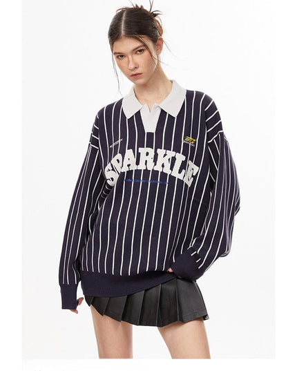 TALKLESSFASHION American retro polo collar striped sweater —-7087