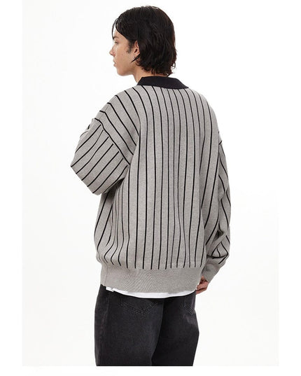 TALKLESSFASHION American retro polo collar striped sweater —-7087