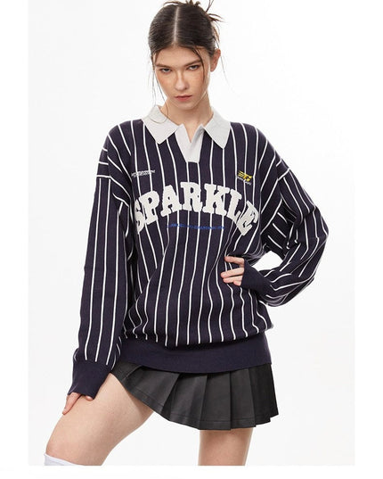 TALKLESSFASHION American retro polo collar striped sweater —-7087