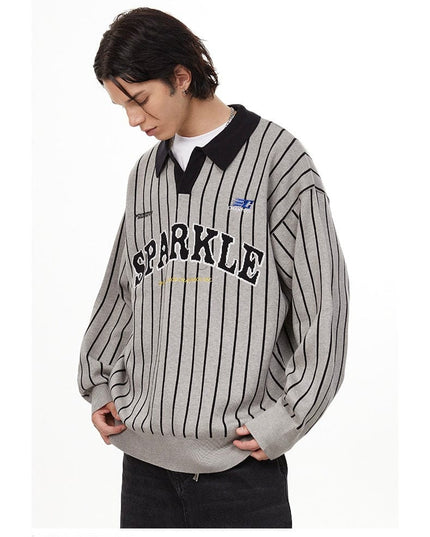 TALKLESSFASHION American retro polo collar striped sweater —-7087