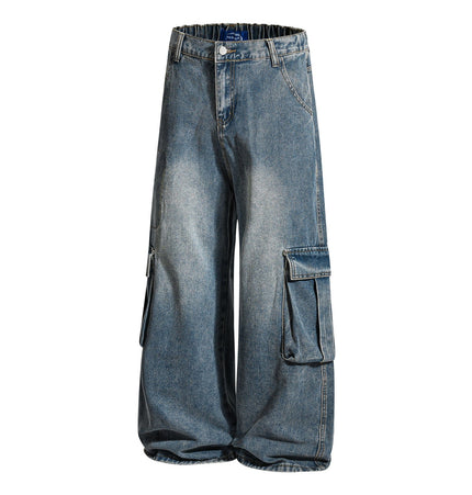 TALKLESSFASHION American retro washed multi-pocket wide-leg jeans for men and women couples are versatile and slim high street casual straight-leg pants