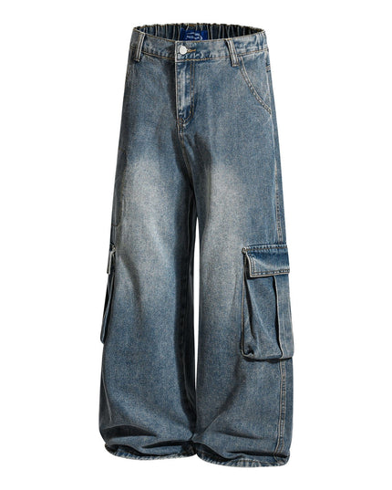 TALKLESSFASHION American retro washed multi-pocket wide-leg jeans for men and women couples are versatile and slim high street casual straight-leg pants