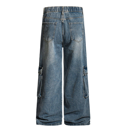 TALKLESSFASHION American retro washed multi-pocket wide-leg jeans for men and women couples are versatile and slim high street casual straight-leg pants