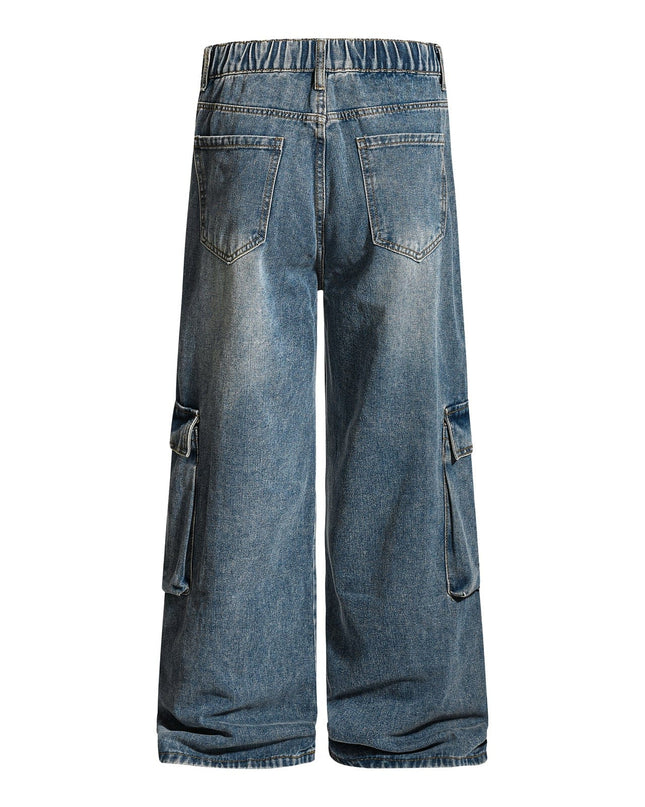 TALKLESSFASHION American retro washed multi-pocket wide-leg jeans for men and women couples are versatile and slim high street casual straight-leg pants