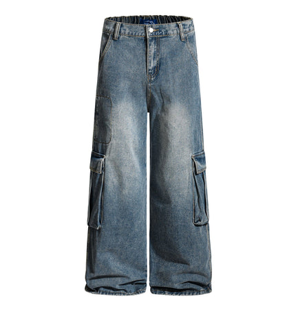 TALKLESSFASHION American retro washed multi-pocket wide-leg jeans for men and women couples are versatile and slim high street casual straight-leg pants