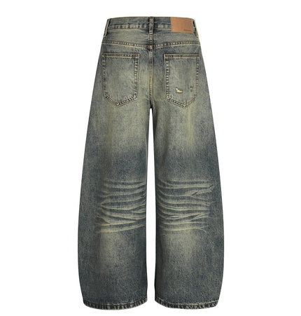 TALKLESSFASHION American retro washed old cat beard scimitar jeans for men and women, loose and versatile floor-length wide-leg pants