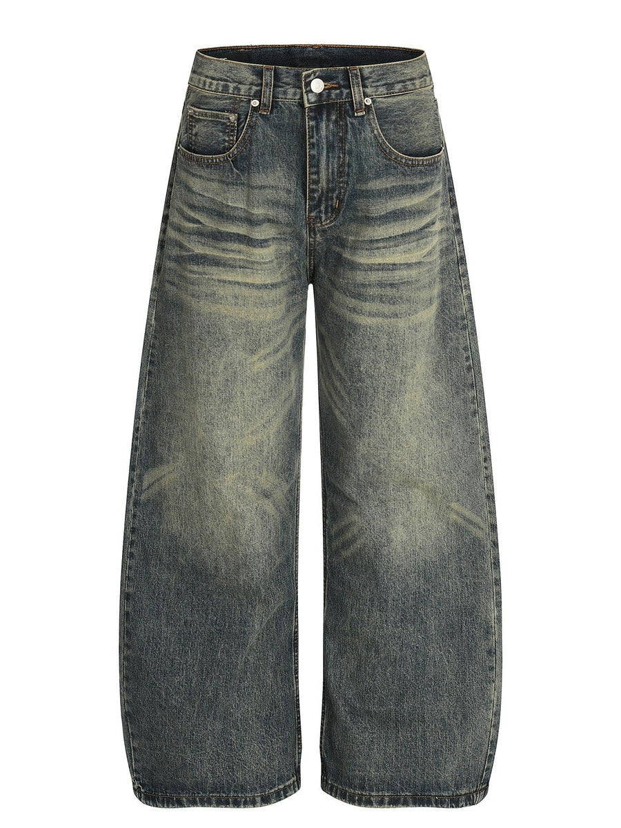 TALKLESSFASHION American retro washed old cat beard scimitar jeans for men and women, loose and versatile floor-length wide-leg pants