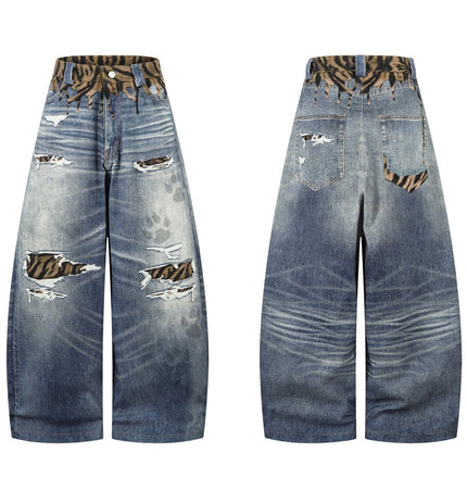 TALKLESSFASHION American style distressed hole men's and women's tiger stripe splicing design drape loose trendy brand retro street wide-leg pants denim