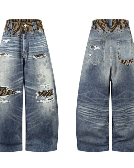 TALKLESSFASHION American style distressed hole men's and women's tiger stripe splicing design drape loose trendy brand retro street wide-leg pants denim