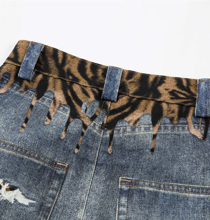 TALKLESSFASHION American style distressed hole men's and women's tiger stripe splicing design drape loose trendy brand retro street wide-leg pants denim
