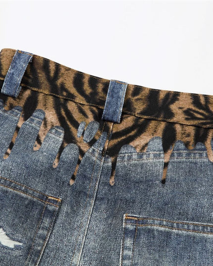 TALKLESSFASHION American style distressed hole men's and women's tiger stripe splicing design drape loose trendy brand retro street wide-leg pants denim