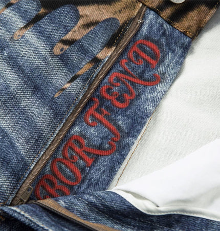TALKLESSFASHION American style distressed hole men's and women's tiger stripe splicing design drape loose trendy brand retro street wide-leg pants denim