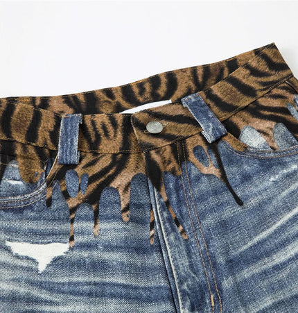 TALKLESSFASHION American style distressed hole men's and women's tiger stripe splicing design drape loose trendy brand retro street wide-leg pants denim