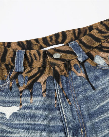 TALKLESSFASHION American style distressed hole men's and women's tiger stripe splicing design drape loose trendy brand retro street wide-leg pants denim