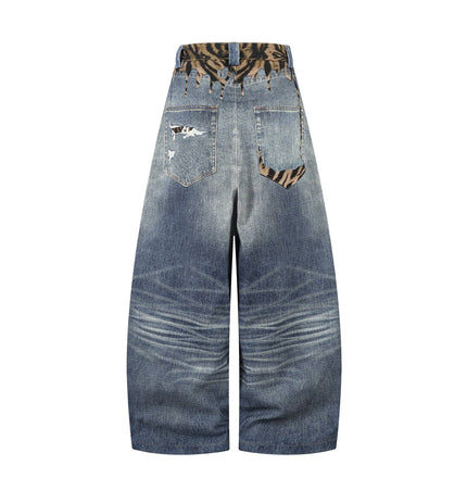 TALKLESSFASHION American style distressed hole men's and women's tiger stripe splicing design drape loose trendy brand retro street wide-leg pants denim