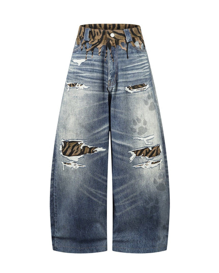 TALKLESSFASHION American style distressed hole men's and women's tiger stripe splicing design drape loose trendy brand retro street wide-leg pants denim