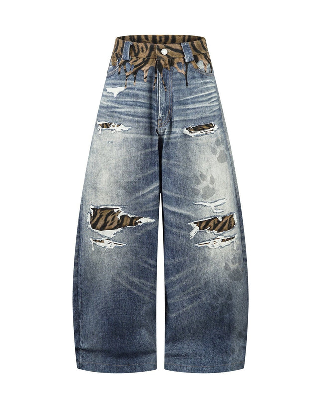 TALKLESSFASHION American style distressed hole men's and women's tiger stripe splicing design drape loose trendy brand retro street wide-leg pants denim