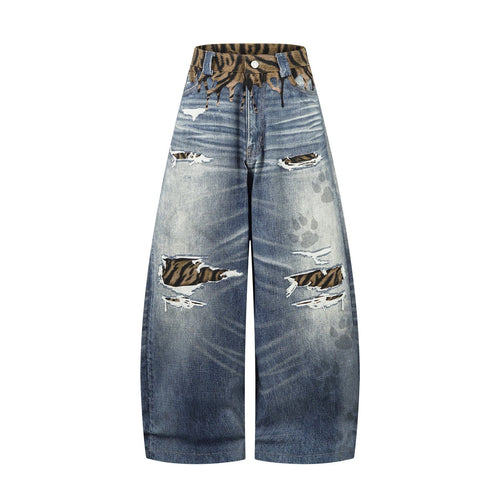 THETLSTUDIO American style distressed hole men's and women's tiger stripe splicing design drape loose trendy brand retro street wide-leg pants denim
