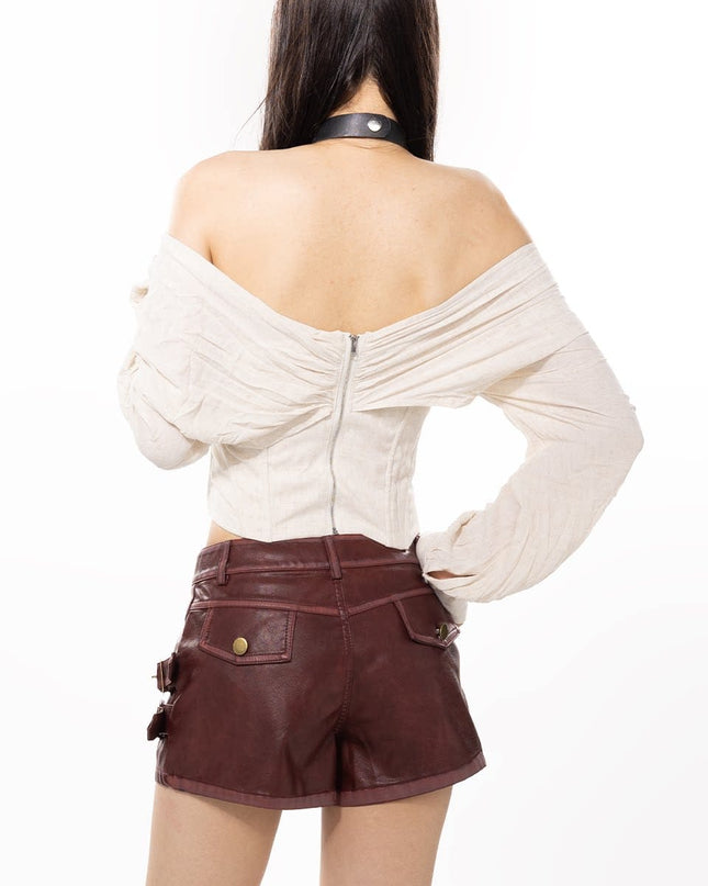 TALKLESSFASHION American sweet and cool metal snap-on double-layer leather shorts 2025 pre-fall new slim asymmetrical old culottes women's clothing