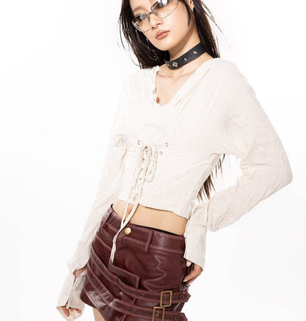 TALKLESSFASHION American sweet and cool metal snap-on double-layer leather shorts 2025 pre-fall new slim asymmetrical old culottes women's clothing