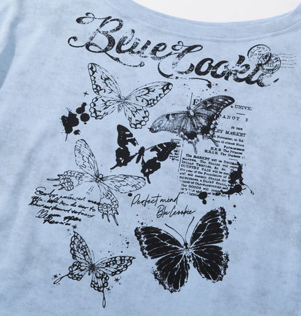 TALKLESSFASHION American Sweet Cool Butterfly Off-the-Shoulder Short Sleeve T-Shirt Women's 2025 Summer Lazy Style Hot Girl Loose Casual Slanted Shoulder Top