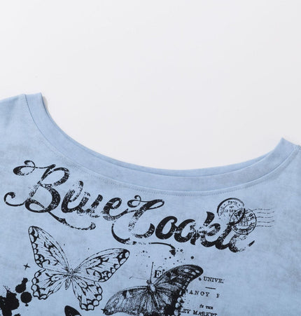 TALKLESSFASHION American Sweet Cool Butterfly Off-the-Shoulder Short Sleeve T-Shirt Women's 2025 Summer Lazy Style Hot Girl Loose Casual Slanted Shoulder Top