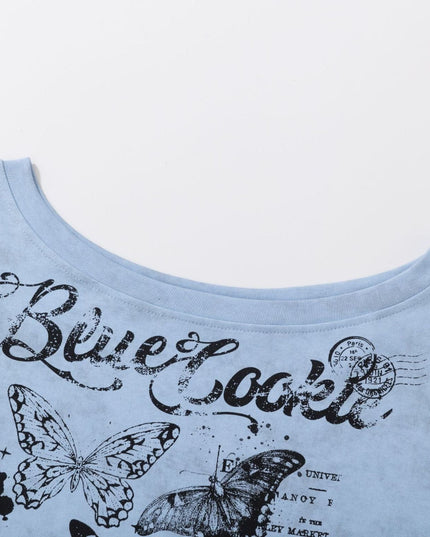 TALKLESSFASHION American Sweet Cool Butterfly Off-the-Shoulder Short Sleeve T-Shirt Women's 2025 Summer Lazy Style Hot Girl Loose Casual Slanted Shoulder Top