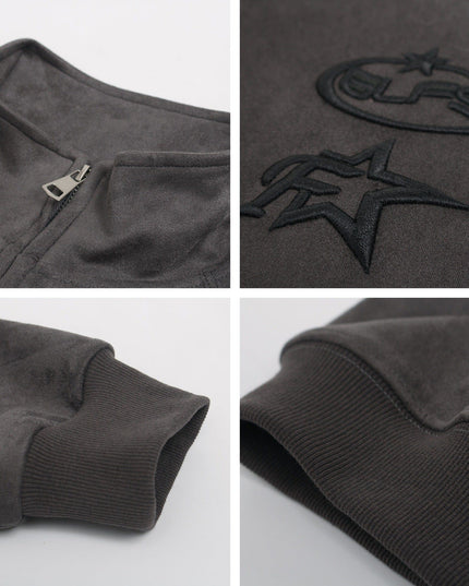 TALKLESSFASHION American trendy brand suede three-dimensional embroidery double-ended zipper jacket men's and women's autumn and winter trendy loose casual cropped jackets