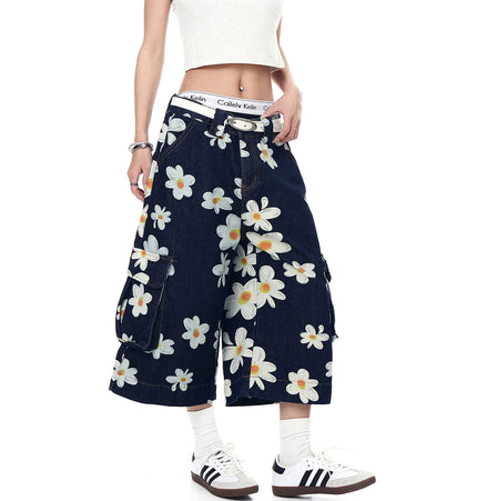 THETLSTUDIO American vintage daisy print denim shorts men's and women's design workwear wide-leg cropped pants BLACKLISTS youthful vitality shorts Summer daily wear