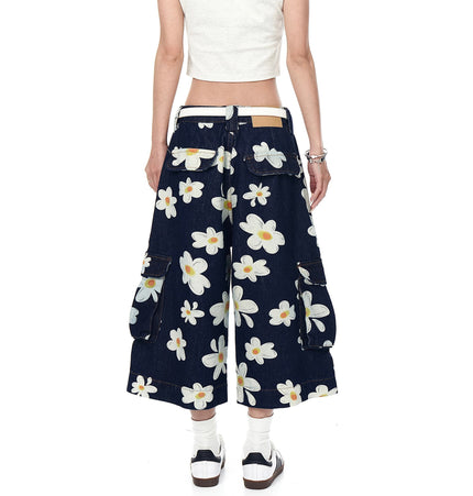 THETLSTUDIO American vintage daisy print denim shorts men's and women's design workwear wide-leg cropped pants BLACKLISTS youthful vitality shorts Summer daily wear
