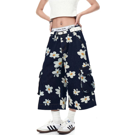 THETLSTUDIO American vintage daisy print denim shorts men's and women's design workwear wide-leg cropped pants BLACKLISTS youthful vitality shorts Summer daily wear