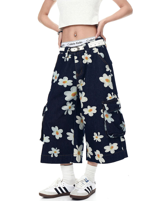 TALKLESSFASHION American vintage daisy print denim shorts men's and women's design workwear wide-leg cropped pants BLACKLISTS youthful vitality shorts Summer daily wear