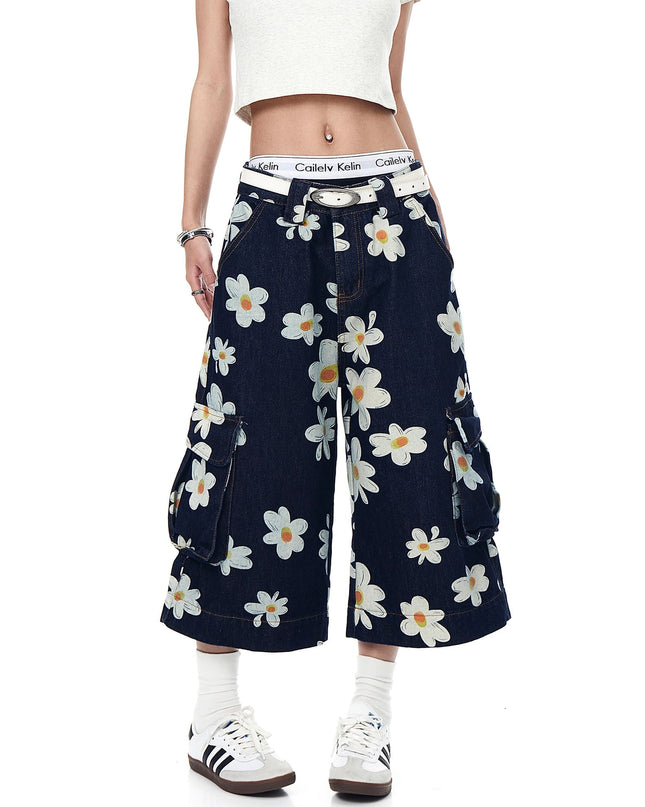 TALKLESSFASHION American vintage daisy print denim shorts men's and women's design workwear wide-leg cropped pants BLACKLISTS youthful vitality shorts Summer daily wear