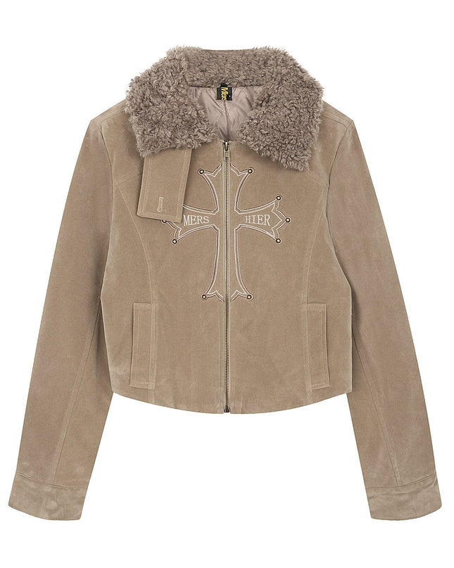 TALKLESSFASHION American vintage nail bead cross fur collar jacket jacket for women 2025 fall loose casual versatile top
