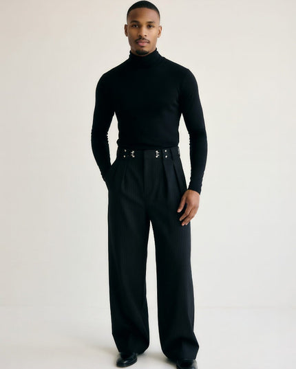TALKLESSFASHION American vintage pleated design men's and women's spring and autumn vertical stripes wide leg loose straight casual trousers scimitar trousers