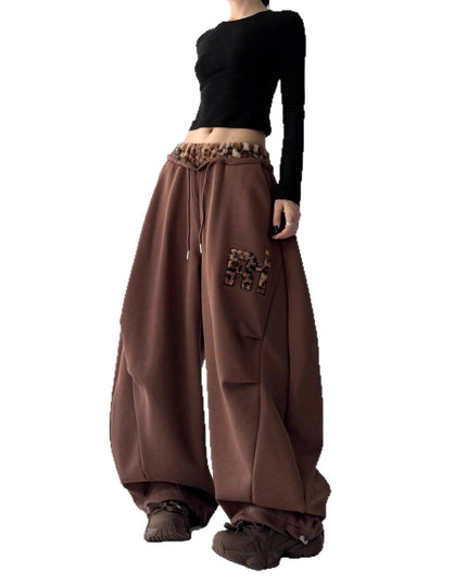 TALKLESSFASHION American vintage plush leopard print embroidered spliced wide-leg casual sweatpants Jazz dance sporty loose scimitar pants