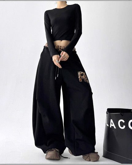 TALKLESSFASHION American vintage plush leopard print embroidered spliced wide-leg casual sweatpants Jazz dance sporty loose scimitar pants