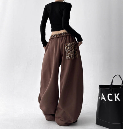 TALKLESSFASHION American vintage plush leopard print embroidered spliced wide-leg casual sweatpants Jazz dance sporty loose scimitar pants
