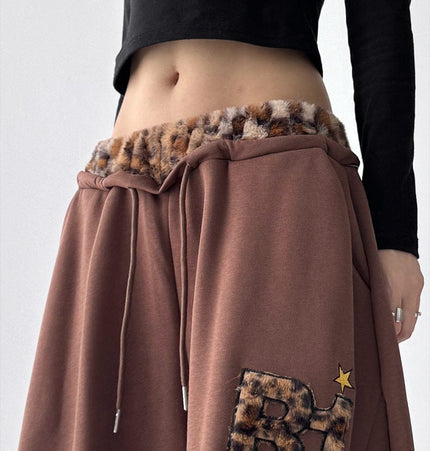 TALKLESSFASHION American vintage plush leopard print embroidered spliced wide-leg casual sweatpants Jazz dance sporty loose scimitar pants