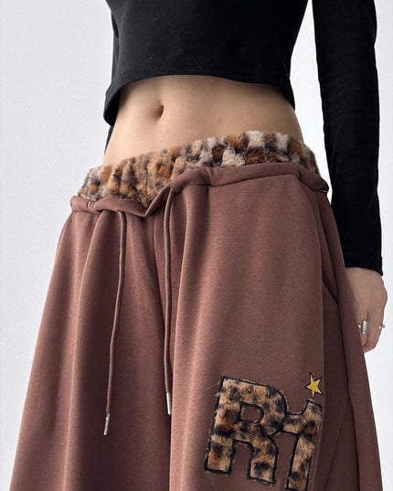 TALKLESSFASHION American vintage plush leopard print embroidered spliced wide-leg casual sweatpants Jazz dance sporty loose scimitar pants